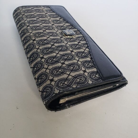 Anna Sui Wallet Clutch Gray Black Envelope Leather Canvas Boho Geometric Large - Picture 12 of 12